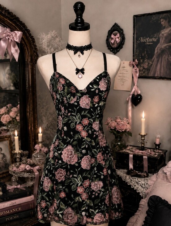Guess Dresses & Skirts - Guess Black Mini Dress with Pink Floral Print Dark Coquette